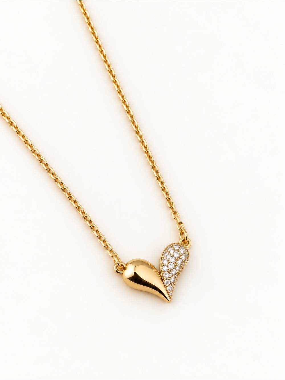 14K Gold Plated Zircon Heart Necklace Pavé Asymmetrical Pendant Adjustable
